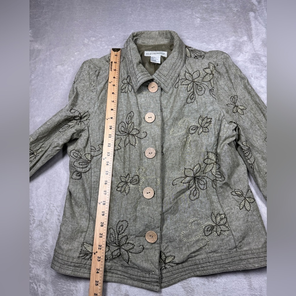 Vintage 90s Requirements Linen Cotton Blend Green Floral Embroidered Jacket XL - Picture 6 of 16